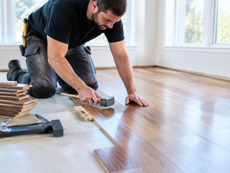 Wood flooring installation in progress